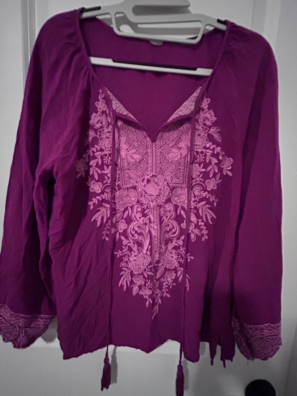 Embroidered Magenta Boho Peasant Blouse with Tassel Ties